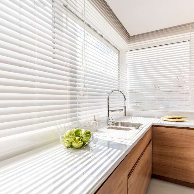 Sunburst Polywood white faux wood blinds