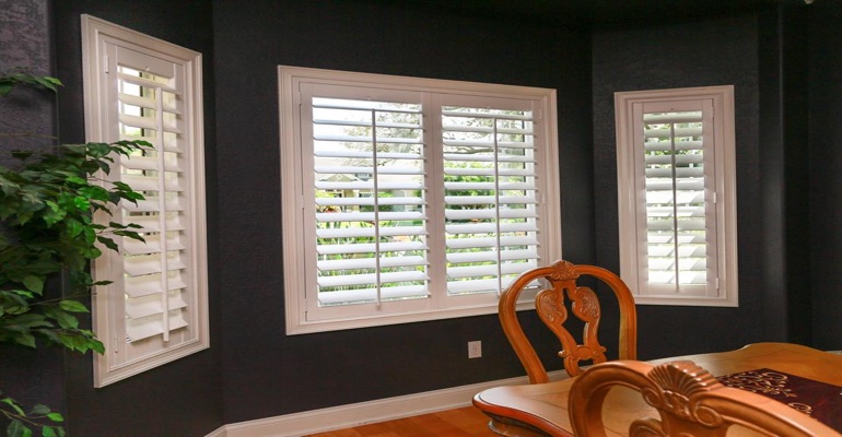 Crisp Polywood Shutters In Dining Room With Dark Paint
