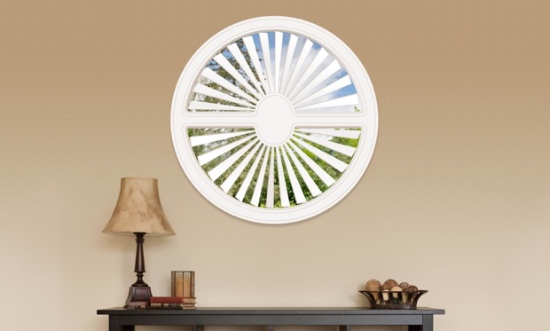 You can cover specialty shaped windows with our Polywood shutters. Circle shaped window in Phoenix