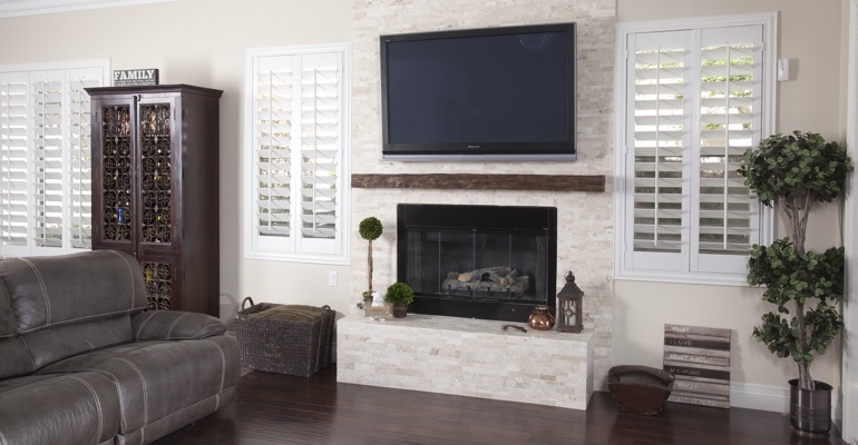 Shutters match modern design incredibly well. white shutters in Phoenix family room