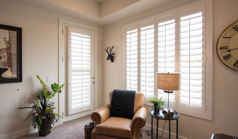 Polywood® plantation shutters resists cracking, staining, or warping. Plantation shutters in a corner