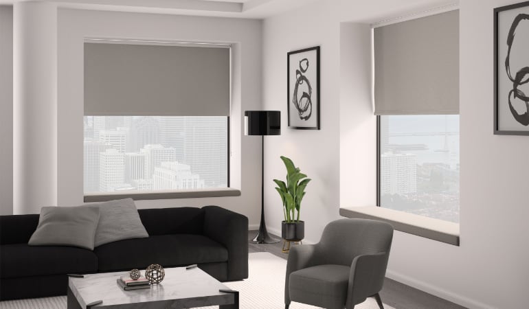 Roller shades are a perfect option to shut out unwanted glares and sunlight. Roller shades in a living room.