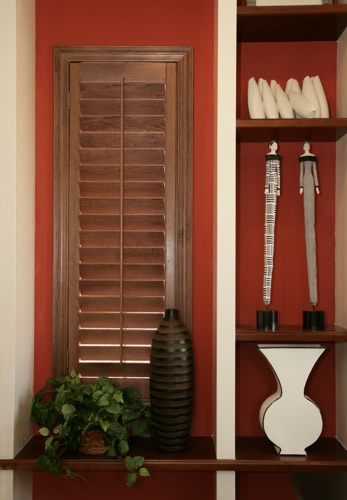 You can even match your wood shutters with shelving. Phoenix wood shutter shelving